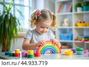 Toys. A little girl is playing educational games. A rainbow-shaped children's toy, colored pyramids and logic toys for children. Montessori games for child development. Стоковое AI-изображение, AI-художник Photojuli / Фотобанк Лори