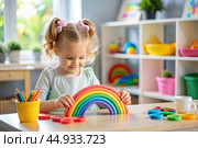 Toys. A little girl is playing educational games. A rainbow-shaped children's toy, colored pyramids and logic toys for children. Montessori games for child development. Стоковое AI-изображение, AI-художник Photojuli / Фотобанк Лори