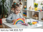Toys. A little girl is playing educational games. A rainbow-shaped children's toy, colored pyramids and logic toys for children. Montessori games for child development. Стоковое AI-изображение, AI-художник Photojuli / Фотобанк Лори