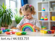 Toys. A little girl is playing educational games. A rainbow-shaped children's toy, colored pyramids and logic toys for children. Montessori games for child development. Стоковое AI-изображение, AI-художник Photojuli / Фотобанк Лори