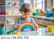 Toys. A little boy is playing educational games. A rainbow-shaped children's toy, colored pyramids and logic toys for children. Montessori games for child development. Стоковое AI-изображение, AI-художник Photojuli / Фотобанк Лори