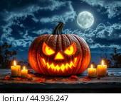 Halloween - annually October 31. One of the most famous attributes is the pumpkin lantern, or Jack's lamp — it is a hollow pumpkin, on which an ominous grimace is carved, and a candle is placed inside. Стоковое AI-изображение, AI-художник Сергей Елизарьев / Фотобанк Лори