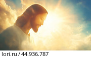 A serene portrayal of Jesus amidst radiant clouds, reflecting faith and spirituality in Christianity. Стоковое AI-изображение, AI-художник Ксения Лаптева / Фотобанк Лори