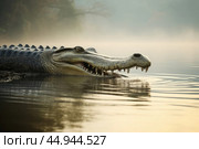 A gharial, a long-snouted crocodile with a narrow muzzle, swims on a quiet river. Стоковое AI-изображение, AI-художник Veniamin Kraskov / Фотобанк Лори
