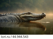 A gharial, a long-snouted crocodile with a narrow muzzle, swims on a quiet river. Стоковое AI-изображение, AI-художник Veniamin Kraskov / Фотобанк Лори