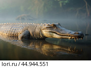 A gharial, a long-snouted crocodile with a narrow muzzle, swims on a quiet river. Стоковое AI-изображение, AI-художник Veniamin Kraskov / Фотобанк Лори