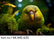 Kakapo parrot revels in its natural habitat surrounded by lush greenery. Стоковое AI-изображение, AI-художник Veniamin Kraskov / Фотобанк Лори