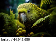 Kakapo parrot revels in its natural habitat surrounded by lush greenery. Стоковое AI-изображение, AI-художник Veniamin Kraskov / Фотобанк Лори