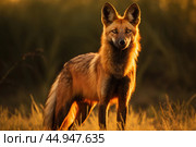 A majestic Maned Wolf stands tall in the golden glow of the South American savannah. Стоковое AI-изображение, AI-художник Veniamin Kraskov / Фотобанк Лори