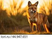 A majestic Maned Wolf stands tall in the golden glow of the South American savannah. Стоковое AI-изображение, AI-художник Veniamin Kraskov / Фотобанк Лори