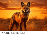 A majestic Maned Wolf stands tall in the golden glow of the South American savannah. Стоковое AI-изображение, AI-художник Veniamin Kraskov / Фотобанк Лори
