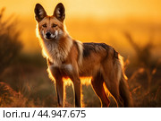 A majestic Maned Wolf stands tall in the golden glow of the South American savannah. Стоковое AI-изображение, AI-художник Veniamin Kraskov / Фотобанк Лори