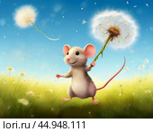 A brave little mouse flies on a white dandelion, like on a parachute. Стоковое AI-изображение, AI-художник Сергей Елизарьев / Фотобанк Лори