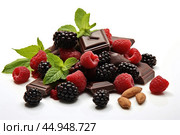 Smart nutrition for brain health - A composition of fresh berries, nuts, green leaves and pieces of dark chocolate. Стоковое AI-изображение, AI-художник Veniamin Kraskov / Фотобанк Лори
