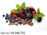 Smart nutrition for brain health - A composition of fresh berries, nuts, green leaves and pieces of dark chocolate. Стоковое AI-изображение, AI-художник Veniamin Kraskov / Фотобанк Лори