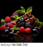 Smart nutrition for brain health - A composition of fresh berries, nuts, green leaves and pieces of dark chocolate. Стоковое AI-изображение, AI-художник Veniamin Kraskov / Фотобанк Лори