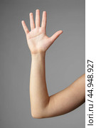 Woman Holding Arm Up in the Air with Gesture. Стоковое фото, фотограф Сергей Толмачёв / Фотобанк Лори