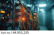 Развитая сетевая инфраструктура с взаимосвязанными кабелями в центре обработки данных. Стоковое AI-изображение, AI-художник ФотоИнтеллект / Фотобанк Лори