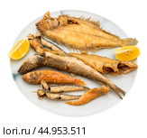 On white background, there is plate with fried fish of different varieties. Стоковое фото, фотограф Яков Филимонов / Фотобанк Лори