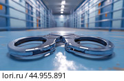 Pair of handcuffs lying on floor in jail cell block. Стоковое AI-изображение, AI-художник Юрий Поздников / Фотобанк Лори