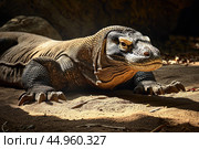 A majestic Komodo Dragon basking in the warm sunlight. Стоковое AI-изображение, AI-художник Veniamin Kraskov / Фотобанк Лори