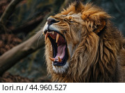 A lion in mid-roar, showcasing the raw power and vocal prowess. Стоковое AI-изображение, AI-художник Veniamin Kraskov / Фотобанк Лори