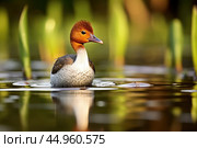 The elusive Madagascar Pochard, a rare and endangered duck species. Стоковое AI-изображение, AI-художник Veniamin Kraskov / Фотобанк Лори
