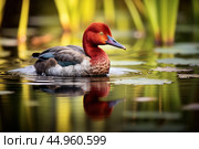 The elusive Madagascar Pochard, a rare and endangered duck species. Стоковое AI-изображение, AI-художник Veniamin Kraskov / Фотобанк Лори