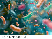 Dangerous bacteria floating in a body with other microorganisms. Стоковое AI-изображение, AI-художник Иван Рябоконь / Фотобанк Лори