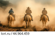 Three cowboys riding horses herding cattle in a cloud of dust. Стоковое AI-изображение, AI-художник Юрий Поздников / Фотобанк Лори