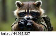 A raccoon is wearing a backpack and holding binoculars. Стоковое AI-изображение, AI-художник Виктория Кольцова / Фотобанк Лори