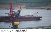 A large freight ship has docked at the port, surrounded by cranes and equipment. Стоковое видео, видеограф Victor Kaprov / Фотобанк Лори
