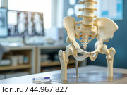 Anatomical model of human pelvis standing on doctor's desk. Стоковое AI-изображение, AI-художник Иван Рябоконь / Фотобанк Лори