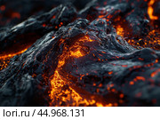 Orange molten rock flowing from an active volcano. Стоковое AI-изображение, AI-художник Иван Рябоконь / Фотобанк Лори