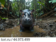The pygmy hippopotamus is a small, shy, semi-aquatic mammal native to the forests and swamps of West Africa. Стоковое AI-изображение, AI-художник Veniamin Kraskov / Фотобанк Лори