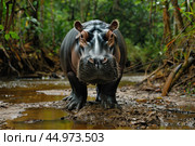 The pygmy hippopotamus is a small, shy, semi-aquatic mammal native to the forests and swamps of West Africa. Стоковое AI-изображение, AI-художник Veniamin Kraskov / Фотобанк Лори