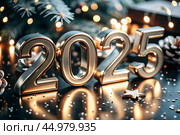 The banner. Happy New Year and Merry Christmas. Shiny 2025 numbers, sequins and a beautiful bokeh on a dark background. The flyer. Invitation. Стоковое AI-изображение, AI-художник Photojuli / Фотобанк Лори
