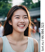 A cheerful Chinese girl stands outdoors, showcasing her radiant smile against a backdrop of lush trees and a lively park atmosphere, capturing the warmth of a sunny day. Mongoloid Asian face type. AI. Стоковое AI-изображение, AI-художник Юлия Петровская / Фотобанк Лори