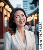 A cheerful Chinese woman dressed in a white blazer smiles warmly while standing in a vibrant traditional courtyard filled with lanterns. People walk by in the background. Mongoloid Asian face type. AI. Стоковое AI-изображение, AI-художник Юлия Петровская / Фотобанк Лори