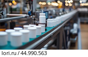 Pharmaceutical production line with containers moving on conveyor belt in a modern facility. Стоковое AI-изображение, AI-художник Сергей Толмачёв / Фотобанк Лори
