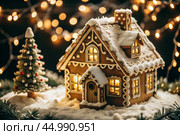 The concept of a home celebration of Christmas or New Year 2025, family traditions. Gingerbread houses with glaze with atmospheric lighting. Стоковое AI-изображение, AI-художник Photojuli / Фотобанк Лори