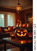Halloween glowing decor in the cozy interior of the house made of pumpkins, garlands, Jack Latern, candles. Halloween party In the evening at dusk. AI generated. Стоковое AI-изображение, AI-художник Ольга Симонова / Фотобанк Лори