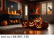 Halloween glowing decor in the cozy interior of the house made of pumpkins, garlands, Jack Latern, candles. Halloween party In the evening at dusk. AI generated. Стоковое AI-изображение, AI-художник Ольга Симонова / Фотобанк Лори