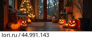 Halloween decor on the porch of the house made of pumpkins, garlands, Jack Latern, candles. Halloween party In the evening at dusk. AI generated. Стоковое AI-изображение, AI-художник Ольга Симонова / Фотобанк Лори
