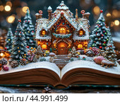 Open fairy tale book on Christmas night. New Year's decor. Festive New Year's atmosphere. Стоковое AI-изображение, AI-художник Сергей Елизарьев / Фотобанк Лори