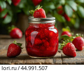 Jar of freshly made strawberry jam. Still life. Стоковое AI-изображение, AI-художник Сергей Елизарьев / Фотобанк Лори