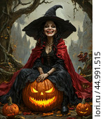 Halloween - annually October 31. One of the most famous attributes is the pumpkin lantern, or Jack's lamp — it is a hollow pumpkin, on which an ominous grimace is carved, and a candle is placed inside. Стоковое AI-изображение, AI-художник Сергей Елизарьев / Фотобанк Лори