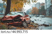 Red broken car with shattered windshield is standing on side of road after accident. Стоковое AI-изображение, AI-художник Юрий Поздников / Фотобанк Лори