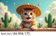 Portrait of a cute kitten in a Mexican sombrero on the background of cacti. Da de Todos los Santos. Стоковое AI-изображение, AI-художник Виктория Кольцова / Фотобанк Лори
