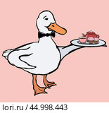 Официант-утенок с чайником и кексами / duck waiter with tea teapot and cupcakes. Стоковая иллюстрация, иллюстратор Александр Паньков / Фотобанк Лори